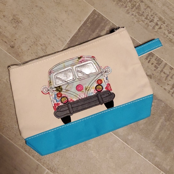 CB Station Handbags - NWOT Canvas Natural/Teal VW Bus & Bike Pouch